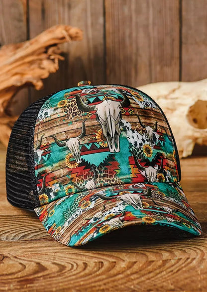 Western Style Cattle Skull Criss Cross Ponytail Baseball Cap