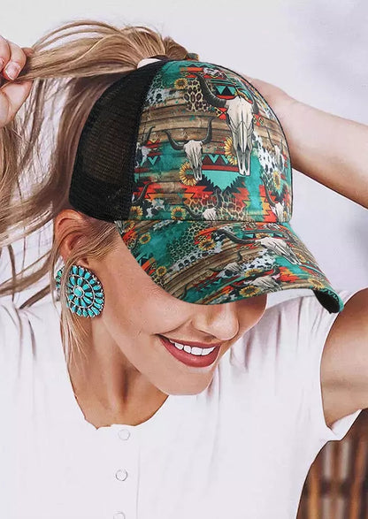 Western Style Cattle Skull Criss Cross Ponytail Baseball Cap